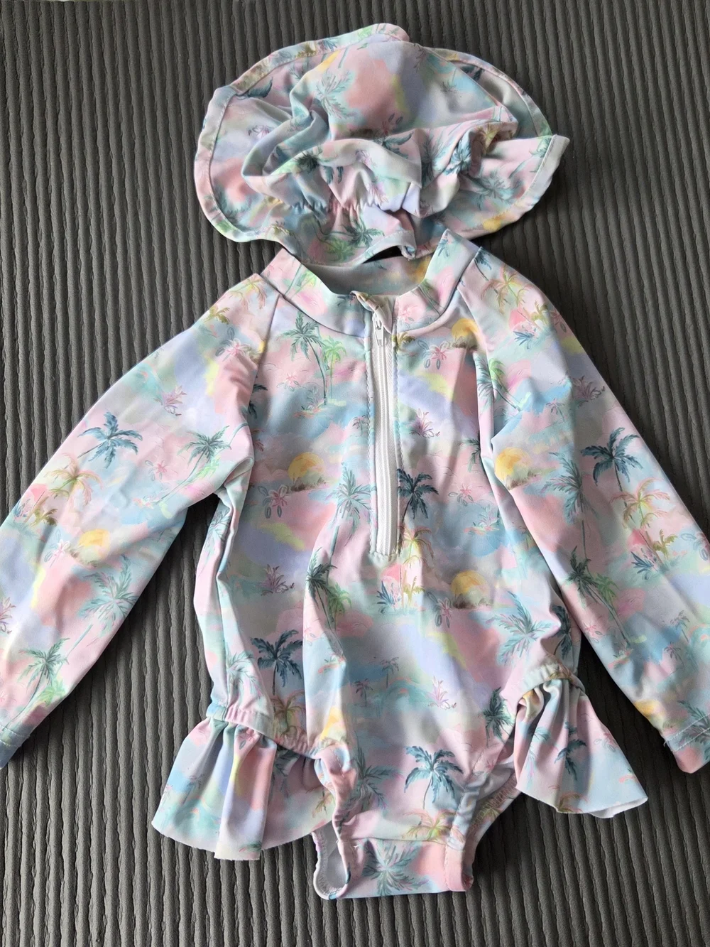 Tropical Whimsy Swimsuit One Piece With Hat Multi-color Pastels 9-12 Months